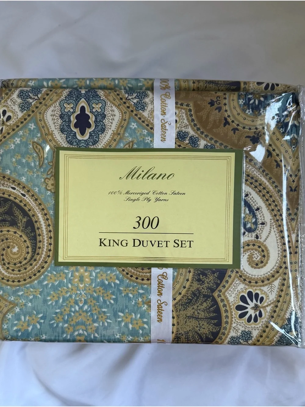 Milano King Duvet Set 3pc 300 TC 100% Cotton Sateen Blue Gold Paisley Medallion